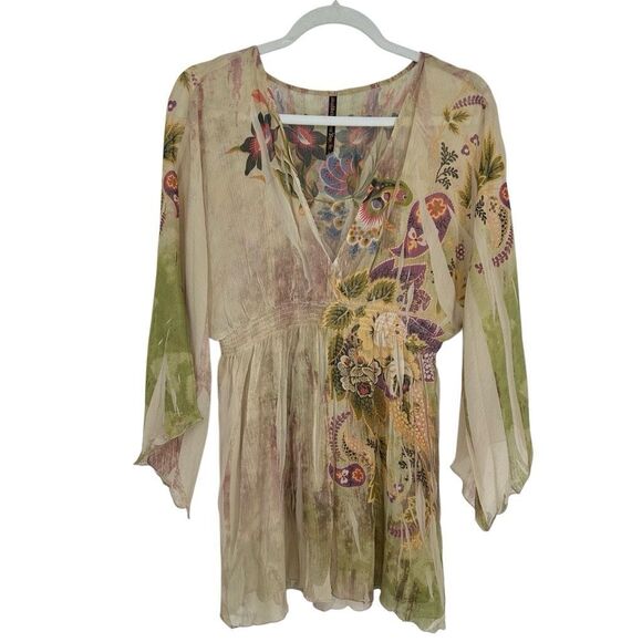 Mushka by Sienna Rose Boho Fairycore Sheer Tunic Top Floral Bell Sleeves - Picture 1 of 10